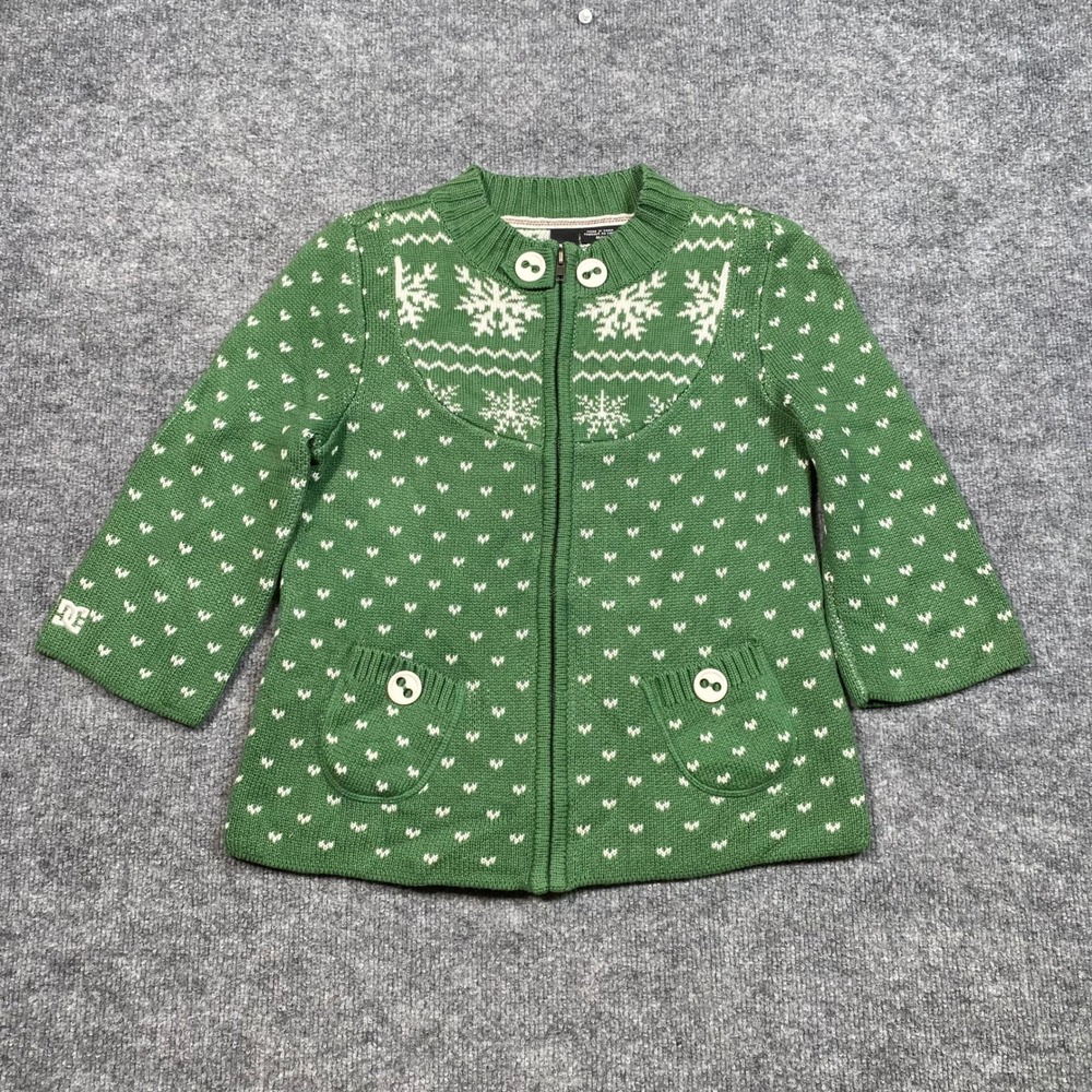 DC Shoes Womens Green Snowflake Fair Isle Full Zip Cardigan Sweater Size Medium